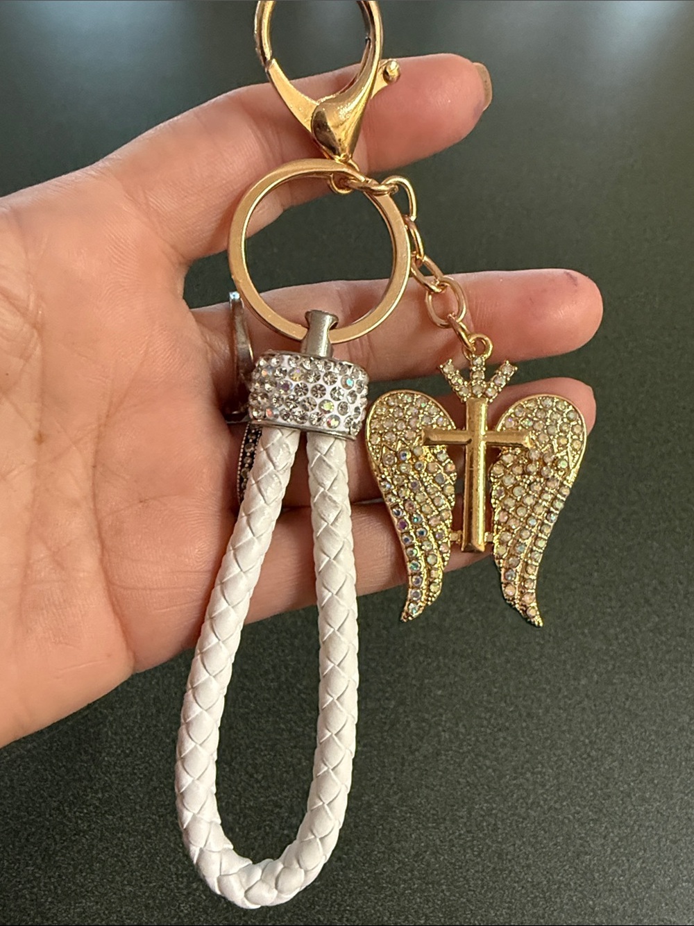 White Braided Wristlet Keychain with Gold Crystal Angel Charm - Picture 2 of 2
